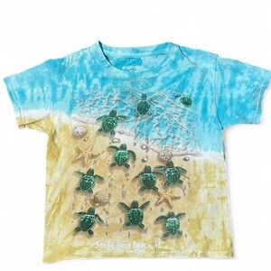 blue tie-dye baby tee with turtles and shells